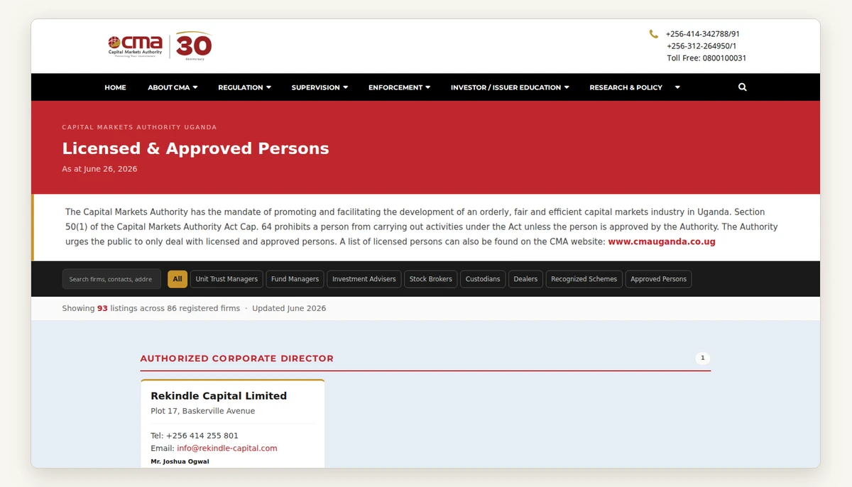 Screenshot of the CMA Uganda licensed persons list on cmauganda.co.ug, taken 6 October 2026: the public list Capital Markets Authority of Uganda publishes.